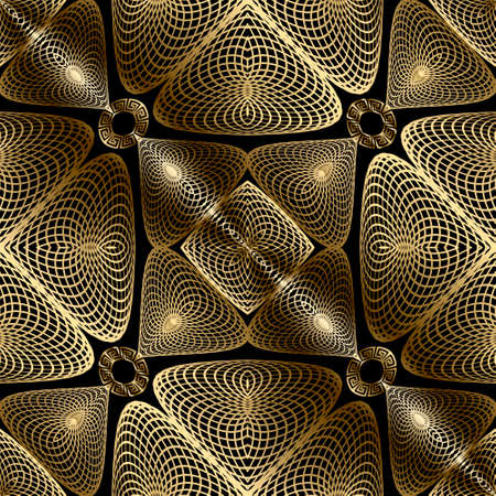 Gold 3d lines seamless pattern. Greek ornamental line art background. Abstract repeat luxury backdrop. Arabesque style floral lace design. Greek key, meanders. Patterned endless grid texture.のイラスト素材