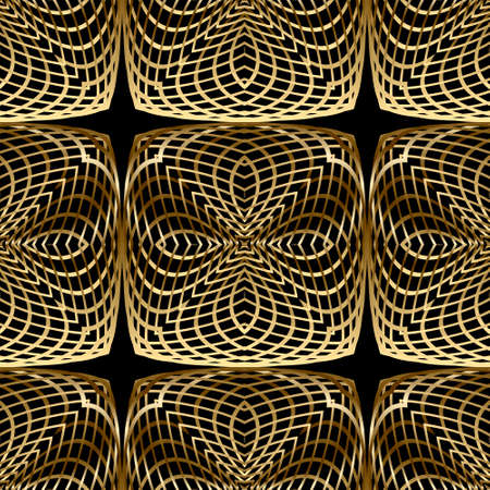 Gold 3d lines seamless pattern. Ornamental line art fractals background. Abstract repeat luxury backdrop. Arabesque style floral lace design with lines, shapes, flowers. Endless modern grid texture.のイラスト素材