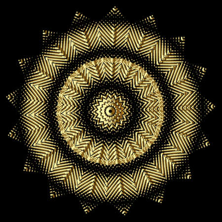 Gold 3d round mandala. Vector textured zigzag pattern. Ornamental background. Abstract golden sun. Grunge flower. Decorative ornate design. Halftone floral ornament. Beautiful luxury surface texture.のイラスト素材