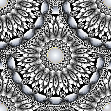 Deco jewelry mandalas seamless pattern. Black and white ethnic ornamental background. Decorative modern repeat backdrop. Round floral tiled ornaments with flowers, leaves, lace frames, gemstones.のイラスト素材