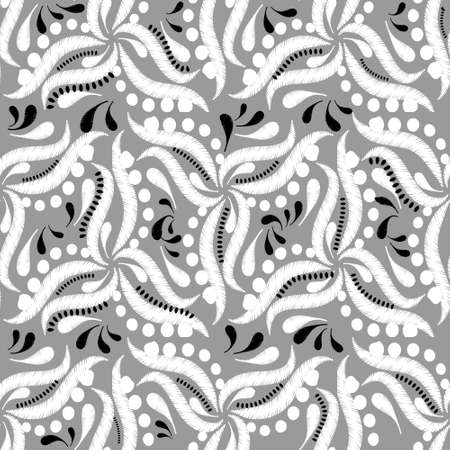 Embroidery floral vector seamless pattern. Ethnic style grunge Paisley flowers. Decorative tapestry vintage ornament. Embroidered flowers, circles, dots. Ornate black and white textured background.のイラスト素材
