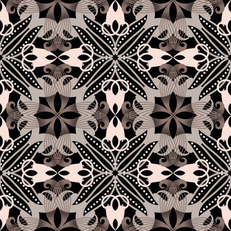 Elegant ethnic style floral seamless pattern. Ornamental vector background. Decorative repeat floral backdrop. Beautiful ornament with abstract flowers, lines, leaves, shapes, dots. Patterned design.のイラスト素材
