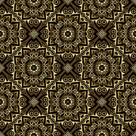 Luxury gold 3d seamless pattern. Vector arabesque mandalas beautiful background. Ethnic greek repeat backdrop. Golden vintage lacy flowers, mandalas. Textured surface ornate design. Gold texture.のイラスト素材