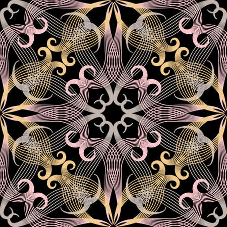 Swirl lines seamless pattern. Vector colorful ornamental background. Ethnic style repeat decorative backdrop. Floral line art hand drawn ornament. Vintage lacy flowers, leaves, swirls, curves, shapes.のイラスト素材