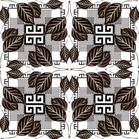 Leafy seamless pattern. Black and white geometric greek style vector background. Repeat floral backdrop. Modern abstract ornaments with lines, stripes, leaves, symbols, signs. Greek key, meanders.のイラスト素材