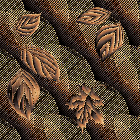 Autumn leaves 3d seamless pattern. Grunge texture. Ornamental geometric vector background with falling textured leaves. 3d wallpaper. Modern luxury ornate repeat ornaments. Abstract leafy design.のイラスト素材
