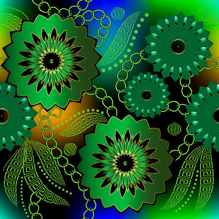 Floral seamless pattern. Vector ornamental shiny background. Greek style repeat glowing backdrop. Modern ornament with abstract flowers, leaves, dots, chains, greek key, meanders. Luxury ornate designのイラスト素材