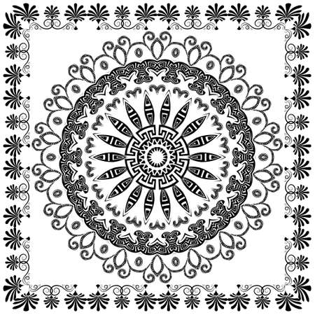 Black and white floral round mandala with square frame. Greek ornaments. Decorative beautiful patterns. Vector ornamental monochrome background. Geometric ethnic style backdrop. Greek key, meanders.のイラスト素材