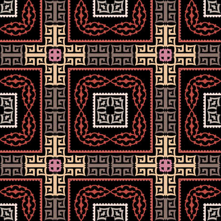 Tartan greek vector seamless pattern. Abstract tribal ethnic arabesque style background. Repeat colorful arabic backdrop with lines, shapes. Greek key meanders geometric plaid ornament. Modern designのイラスト素材