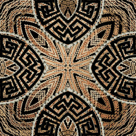 Greek grunge seamless pattern. Geometric vector textured background. Lines floral ornament. Repeat...