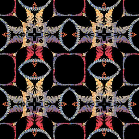 Embroidery geometric seamless pattern. Tribal ethnic style tapestry ornament. Colorful grunge...