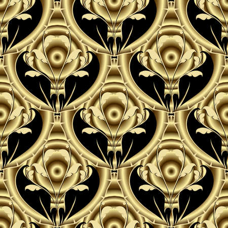 Gold 3d vintage seamless pattern. Deco ornamental luxury vector background. Repeat golden mandalas backdrop. Baroque Damask style floral ornament. Beautiful textured design. Flowers, leaves, circles.のイラスト素材