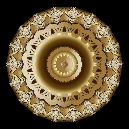 Floral gold mandala pattern. Vintage 3d flowers. Decorative vector ornamental background. Luxury ornaments. Baroque style design for prints, wallpapers, cards, fabric. Patterned ornate golden texture.のイラスト素材