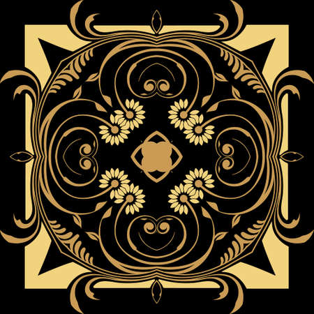 Gold floral vintage seamless pattern. Ornamental Deco background. Golden Damask ornament. Luxury backdrop. Beautiful ornate vector design with flowers, leaves, lines, swirls, square frame, border.のイラスト素材