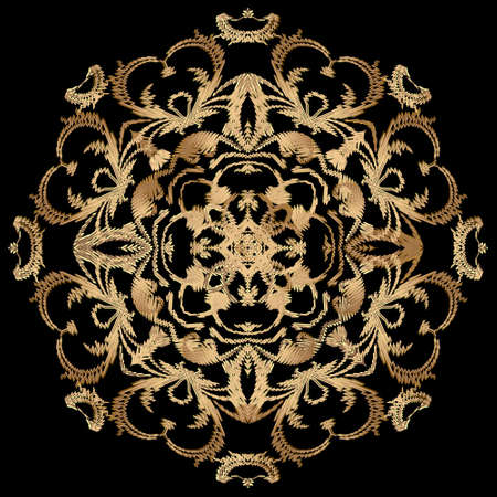 Tapestry floral round mandala pattern. Ornamental textured background. Repeat vector backdrop. Gold...
