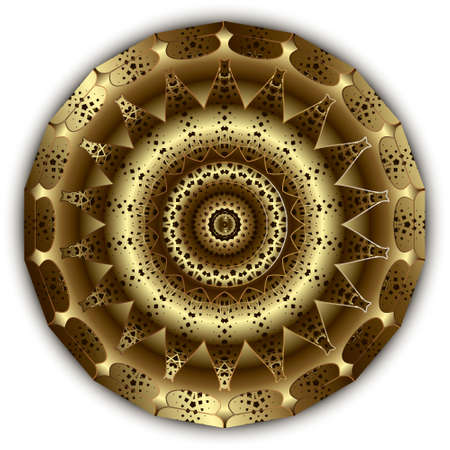 Gold round surface 3d mandala pattern. Ornamental Deco background. Textured floral golden ornaments. Luxury grunge backdrop. Beautiful golden vector design with circles, flowers, stars, frame, border.のイラスト素材