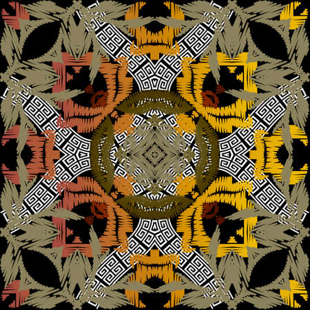 Textured tapestry seamless pattern. Colorful grunge floral greek background. Vector tribal ethnic...