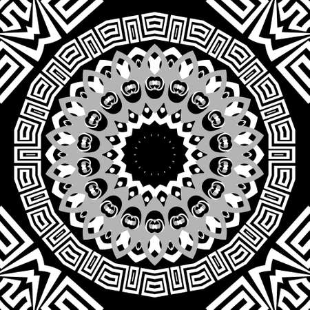 Greek style floral seamless mandala pattern. Tribal ethnic vector background. Ornamental black and white abstract backdrop. Greek key, meanders geometric ornament. For decoration, fabric, card, print.のイラスト素材
