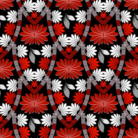 Greek floral vector seamless pattern. Abstract tribal ethnic style background. Repeat black white red flowery backdrop with flowers, lines, mazes, shapes. Greek key, meanders geometric ornaments.のイラスト素材