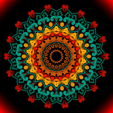 Floral greek mandala pattern. Ornamental vector shiny background. Ethnic tribal style repeat backdrop. Greek colorful ornaments with flowers, love hearts, circles, shapes. Abstract decorative design.のイラスト素材