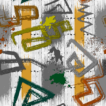 Striped graffity modern seamless pattern. Vector textured dirty abstract background. Rough repeat tribal backdrop. Doodle hand drawn greek style symbols, signs, lines, zigzag, stripes, splatters.のイラスト素材
