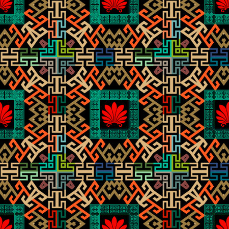 Tribal ethnic greek style seamless pattern. Vector colorful geometric background. Tartan plaid repeat backdrop. Traditional ornaments with greek key, meanders, shapes, squares, frames. Red flowers.のイラスト素材