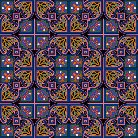 Colorful floral seamless pattern. Arabesque vector background. Beautiful arabian ornaments. Repeat ornamental backdrop. Symmetrical design. Vintage flowers, leaves. Elegant design for fabric, prints.のイラスト素材