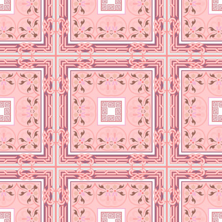 Checked arabesque seamless pattern. Vector ornamental pink background. Repeat rose color backdrop. Abstract plaid tartan arabic ornament. Floral elegance design with squares, flowers, frames, borders.のイラスト素材