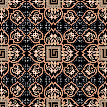 Greek floral seamless pattern. Colorful vector background. Abstract greek key, meander ornament. Repeat arabesque backdrop. Beautiful vintage flowers, leaves, square frames, lines, geometric shapes.のイラスト素材
