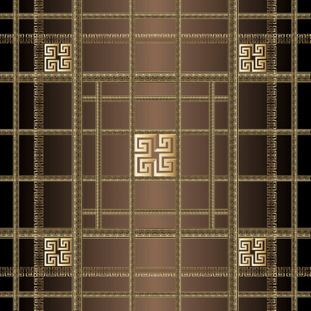 Striped greek vector seamless pattern. Abstract modern background. Repeat geometric plaid tartan backdrop with stripes, lines, shapes, borders, symbols, squares. Greek key, meanders grid ornaments.のイラスト素材