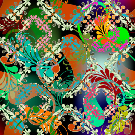 Paisley seamless pattern. Elegance arabic vector background. Beautiful ornate colorful ornaments. Repeat ornamental arabian backdrop. Vintage Paisley flowers, leaves, lines, shapes. Arabesque design.のイラスト素材