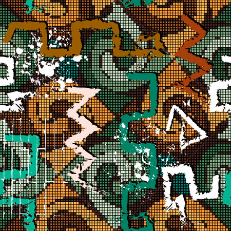 Textured graffiti style seamless pattern. Digital halftone colorful background. Repeat vector mosaic backdrop. Hand drawn grunge symbols, signs. Dirty geometric abstract ornament. Rough texture.のイラスト素材