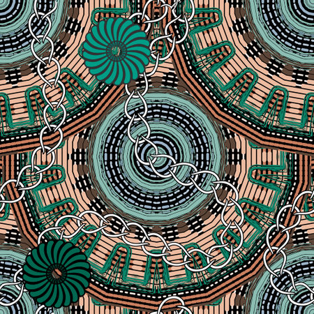 Abstract textured mandalas seamless pattern. Vector ornamental floral background. Chains, flowers,...