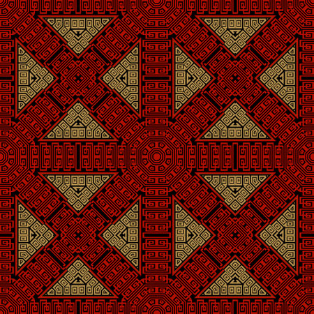 Greek tribal ethnic style seamless pattern. Geometric colorful background. Vector repeat backdrop. Abstract ornaments with borders, frames, greek key, meanders, geometric shapes, triangles, rhombus.のイラスト素材