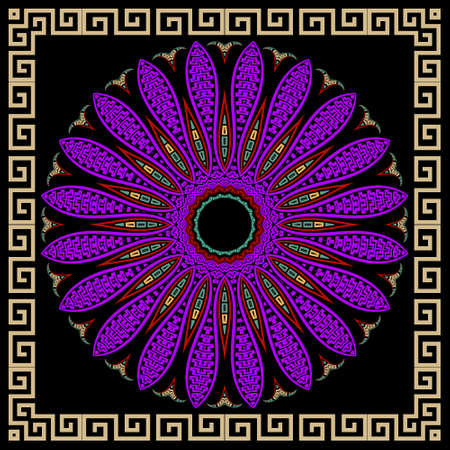 Floral violet mandala pattern. Square frame. Vector ornamental background. Decorative tribal ethnic backdrop. Greek ornaments. Abstract round colorful flower with lines, greek key, meanders, borders.のイラスト素材