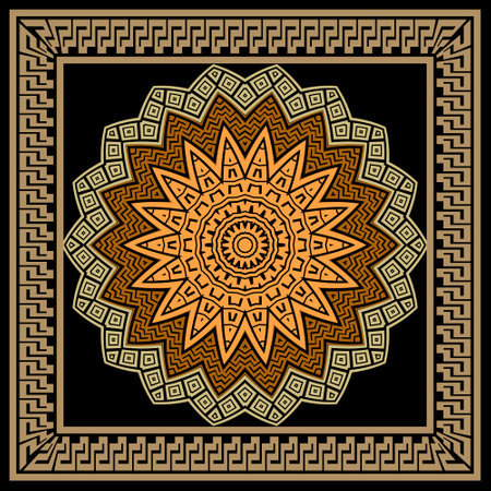 Floral colorful mandala pattern. Square frame. Vector ornamental background. Decorative tribal ethnic backdrop. Greek ornaments. Abstract round flower with zigzag lines, greek key, meanders, borders.のイラスト素材