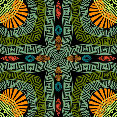 Colorful tribal ethnic seamless pattern. Vector floral greek background. Geometric greek key, meanders ornament with abstract flowers, shapes, lines. Ornate repeat design in green yellow colors.のイラスト素材