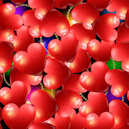 3d love hearts seamless pattern. Vector romantic background. Repeat backdrop. Bright colorful glowing ornaments. Surface texture. Ornate patterned shiny design with red 3d love hearts, chains, stars.のイラスト素材