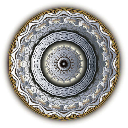 Floral vintage 3d mandala pattern. Vector ornamental background. Decorative backdrop. Greek ornaments. Luxury rosette with flowers, leaves, greek key, meanders, borders, frames. Surface texture.のイラスト素材