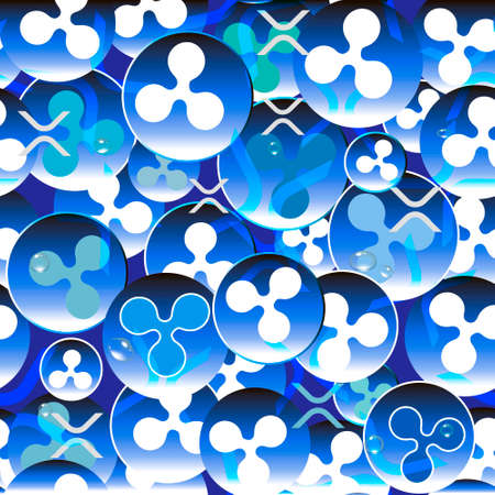 Abstract digital money seamless pattern. Ripple symbols background. Repeat cryptography backdrop. Modern ornament with ripple xrp tokens and signs. Vector illustration. Ornate design in blue colors.のイラスト素材