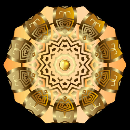 Gold 3d greek vector mandala pattern. Abstract patterned Deco background. Greek key meanders ethnic style golden ornament. Geometric ornate modern design. Luxury surface beautiful rosette.のイラスト素材