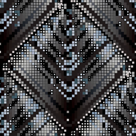 Mosaic seamless pattern. Vector half tone digital background. Modern repeat backdrop. Geometric halftone squares ornaments. Abstract ornate trendy design with geometrical shapes, squares, dots.のイラスト素材