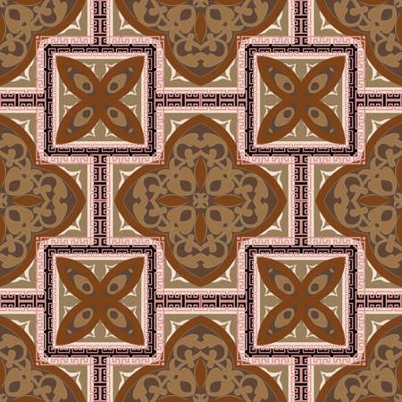 Arabesque seamless pattern. Ornamental floral background. Repeat colorful arabic vector backdrop. Vintage ornaments with flowers, meanders, square greek style frames. Beautiful ornate Damask design.のイラスト素材