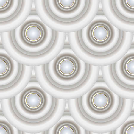 White 3d circles seamless pattern. Vector ornamental light background. Surface repeat Deco backdrop. Tiled round 3d mandalas. Geometric luxury ornaments. Decorative ornate design with 3d buttons.のイラスト素材