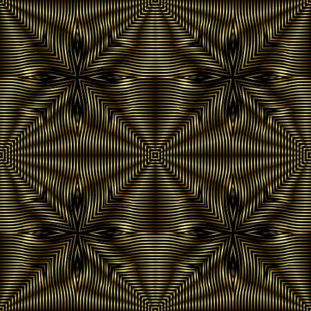 Gold 3d lines seamless pattern. Textured background. Line art surface drapery ornament. Repeat luxury backdrop. Modern grunge vector design. Abstract shapes, rhombus, stripes. Endless 3d texture.のイラスト素材