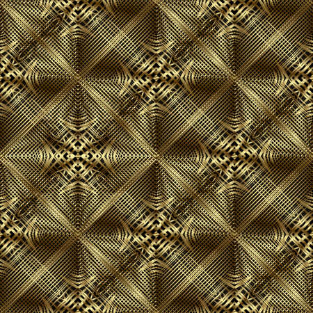 Gold 3d lines seamless pattern. Grid background. Line art surface drapery ornament. Textured repeat net backdrop. Modern grunge vector design. Abstract shapes, rhombus, stripes. Lattice 3d texture.のイラスト素材