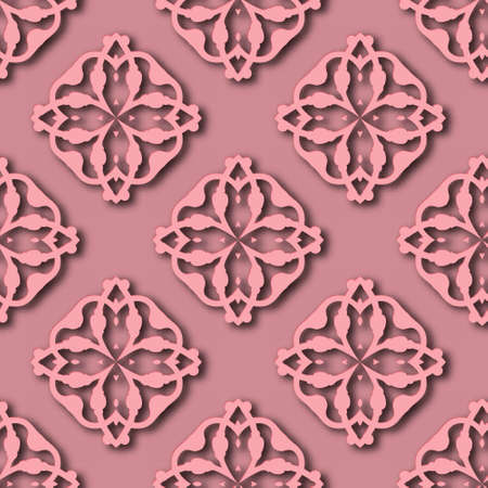 3d floral seamless pattern. Arabesque ornamental pink vector background. Grunge repeat backdrop....