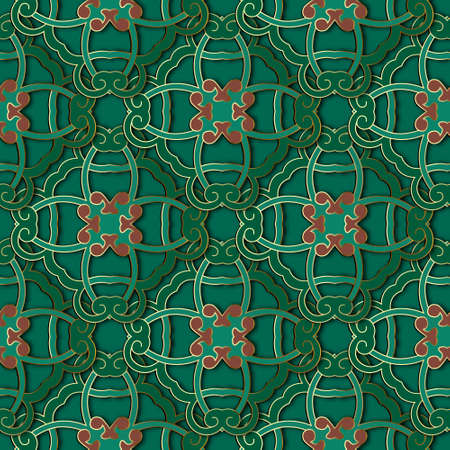 3d floral Damask seamless pattern. Arabesque ornamental vector background. Grunge repeat green...