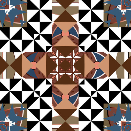 Geometric seamless pattern. Modern ornamental colorful background. Vector repeat geometrical backdrop. Geometry ornaments with abstract shapes, triangles, squares. Patterned decorative ornate design.のイラスト素材
