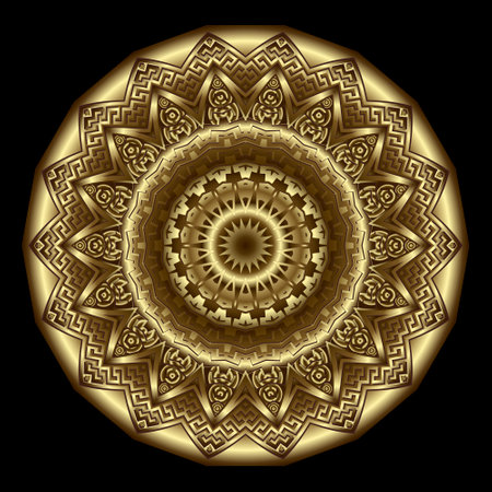 Gold 3d flower. Luxury round mandala pattern. Rosette. Vector background. Surface ornate Deco backdrop. Geometric modern shiny ornament. Decorative textured greek style floral design with meanders.のイラスト素材